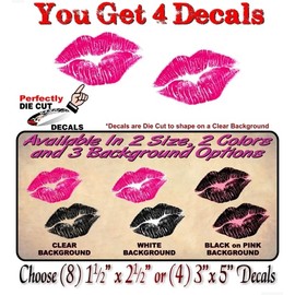 4 KISS Lips Kissing Pink Lipstick Print 5'' on Clear Vinyl Sticker Car or Mirror Decals ((4) 3''x 5'', Pink on Clear)