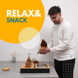 D&D Living® Couch Caddy - Bamboo Couch Console | Anti-Spill Drink and Cup Holder | Snack Organizer Tray for Sofa with Bottle Opener