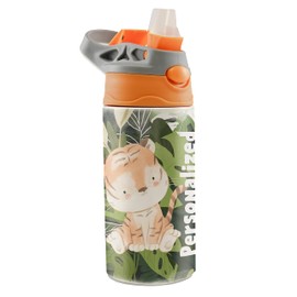 Jungle Tiger Cub – Orange and Grey – Small 12 oz Water Bottle with Pop Up Silicone Straw - Personalize Name - Double Wall Vacuum Stainless Steel Insulation – Keep Beverage Temperature Up To 8 Hours