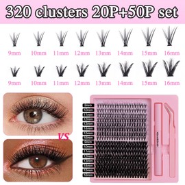 320PCS Eyelashes Individual Kit - 2 Styles Cluster Lashes Kit (20P+50P) - 9-16mm False Eyelashes with Bond and Seal - DIY Eye Lash Clusters 40d for Creating Natural Curly Lashe, Easy for Beginners