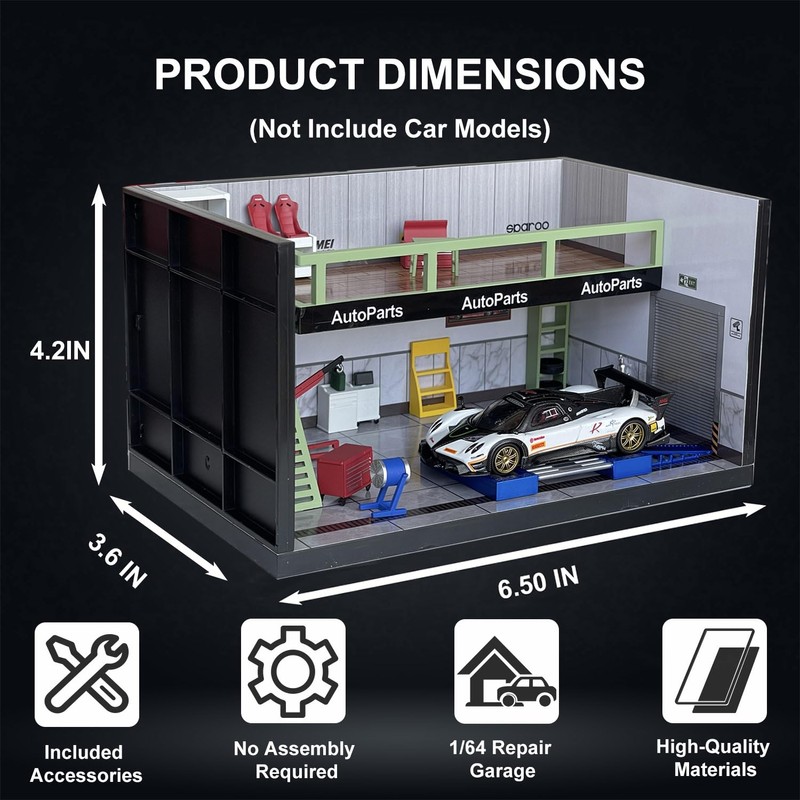 1/64 Scale Garage Diorama Display Case, Prebuilt Auto Repair Shop