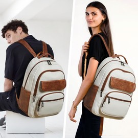 Leresas 37L Backpack Purse for Women Men for Work Travel Back Pack Purses Vegan Leather Laptop College Daypack Shoulder Bag Beige