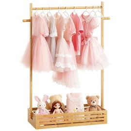 BAMBOOHOMIE Kids Clothing Rack for Toddler, Pets Clothes Rack with Storage Box & Hanging Rod for Dogs/Cats, Baby Clothes Closet Stand for Nursery Room (Natural, Kids)