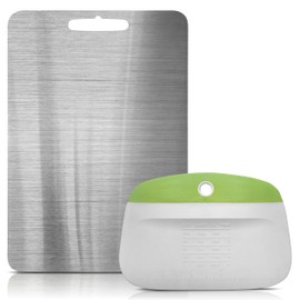 Stainless Steel Cutting Board, 14.2" x 9.8", 1.2mm Thick – Heavy Duty Metal Surface with Silicone Dough Cutter with Scale – Multipurpose, Durable and Easy to Clean – Silver Kitchen Chopping Board