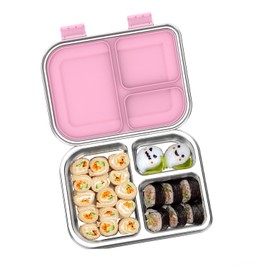 TOURPOR Stainless Steel Lunch Box 1000ml - 3 Compartment Bento Box for Kids & Adults, Leakproof Food Container, BPA-Free Metal Lunch Box with Silicone Seal, Eco-Friendly/Dishwasher Safe (Pink)