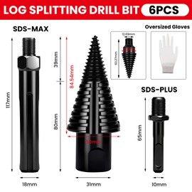 REKCKRUL 6pcs Premium Firewood Log Splitter Drill Bit Set with Detachable Design, 50mm Heavy Duty Wood Splitting Screw Cone - 2 Replaceable Drill bits & Gloves, for Electric Drill, Kindling Splitter