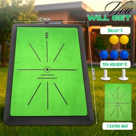 Golf Hitting Mat with Dual-Turf & Swing Feedback, Portable Golf Practice Mat with Anti-Slip Base for Indoor/Outdoor Use, Includes Ball Tray, 5 Balls & 2 Tees, Perfect Golf Mat for Chipping & Driving