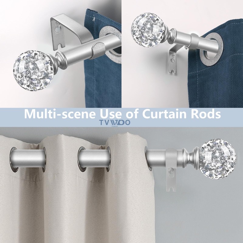 TVWOO Silver Decorative Crystal Curtain Rods 2 Pack:18-45"Heavy Duty Adjustable