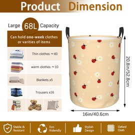 Ladybug with Chamomile Flower Laundry Basket,Waterproof Laundry Hamper,Collapsible Organizer Basket for Storage Bin Toy Bins, Dirty Clothes Laundry Basket for Living Room/Bathroom/Bedroom