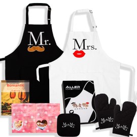 Mr and Mrs Aprons Kitchen Bundle - Includes Adjustable His and Her Aprons, Date night Cookbook, 2 Oven Mitts & 1 Pot Holder - Perfect Newlywed Gift for Bridal Shower, Housewarming & Weddings…