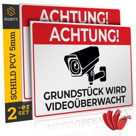 Achtung Videoüberwachung Sign, 5 mm Thick, 30 x 20 cm, Made from Sturdy PVC, This Area is Monitored Sign with UV Protection, Pack of 2 SIGNITY