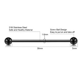 HuaCan 14G Tragus Helix Piercing 9 Pieces Tragus Cartilage Piercing 9 Pieces Black Bar Stud Earrings Stainless Steel Ear Piercing Set for Women Men For Any Occasion, Stainless Steel