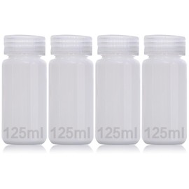 DKBT Pack of 4 Wide Mouth Plastic Bottles, 125 ml, Empty Laboratory Bottle, Leak-Proof, Translucent HDPE Bottle with Wide Opening for Pill Bottles, Water Sample Bottles