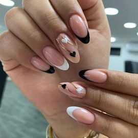 Press on Nails Almond Medium 24Pcs French Tips Glossy Full Cover Acrylic Nude False Nails with Heart Designs Glue on Nails Artificial Valentine's Day Fake Nails Stick on Nails for Women Girls