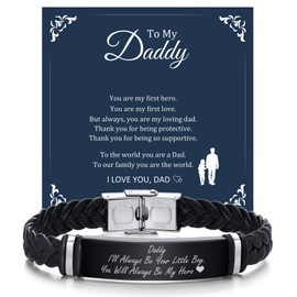 PJ JEWELLERY Men's Bracelet Daddy Gifts from Son - Braided Leather Strap with Stainless Steel Nameplated Engraved Inspirational Quote Wrap Bracelets For Dad, Gifts For Father's Day Birthday Christmas