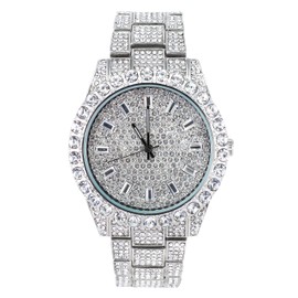 Techno Pave Men's 44mm Iced Out Solitaire Bezel Watch, Baguette Dial - Silver Dial