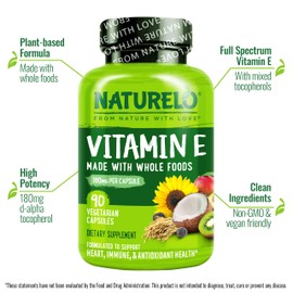 NATURELO Vitamin E Capsules 180 mg - 90 Vegan Capsules | Supports Skin, Hair, and Nails | Immune and Eye Health | Natural Mixed Tocopherols & Whole Foods | Non-GMO, Dry Vitamin E