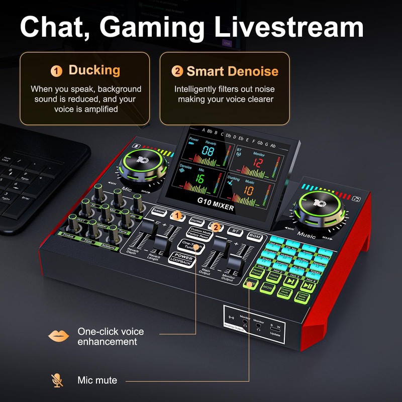 tenlamp G10 Gaming Audio Mixer, Audio Interface with 3.5mm/XLR Microphone