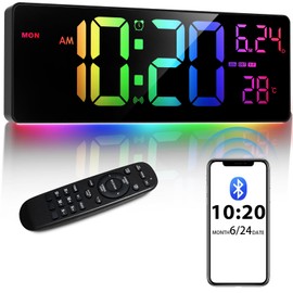 Xflyee 16" Bluetooth Large Digital Wall Clock/Auto Time Sync, 10 RGB Colors Digital Clock Large Display with Remote, Auto-Dimming/DST, Calendar, Timer, Alarm, 6 Night Lights Big Clock for Decor
