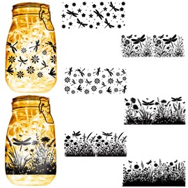 CREATCABIN 6PCS Silhouettes Decor Mason Jar Cutouts Dragonfly Scrapbook Embellishment Waterproof PVC Lamp Film for Christmas New Year Wall Windows Frosted Glass Lantern Jar Decoration 3.5x7.9in