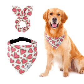 E-Clover Summer Cute Dog Collar - Pink Heart Watermelon Dog Collars Bandana & Matching Scrunchie Adjustable Dog Collars for Girl Boy Medium Dogs