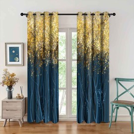 Navy Blue Gold Tree Blackout Curtain Abstract Art Metallic Leaf Print Window Drapes Room Darkening Insulation Suitable for Bedroom Living Room Dorm Room Plaid Window Treatments 2 Panels 42x84inch