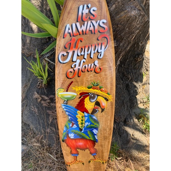 It's Always Happy Hour Drinking Parrot Airbrushed Surfboard Wall Plaque