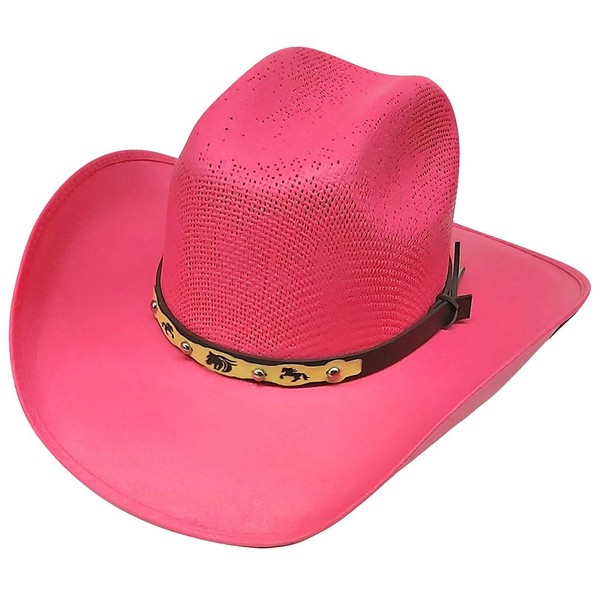 Modestone Kids Straw Breezer Cowboy Hat Leather-Like Hatband Fushia