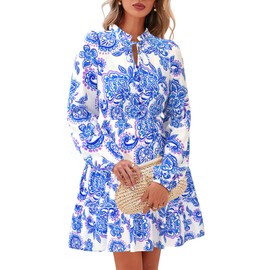 BTFBM Women Fall Dresses 2025 Floral V Neck Long Sleeve Tiered Ruffle Boho Swing Flowy A-Line Mini Dresses Vacation(White Blue Floral,Large)