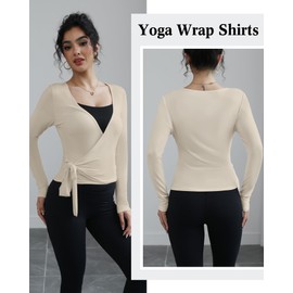 Simlakey 3 Pack Women Ballet Pilates Wrap Tops Y2K Workout Yoga Wrap Shirts Dance Long Sleeve Tie Front Crop Going Out Tops(Black, Beige, White,Large)