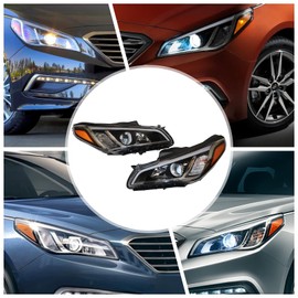 Carlaihu For 2015 2016 2017 Hyundai Sonata Halogen Headlights Assembly w/o LED DRL Driver and Passenger Side Black Housing Replaces 92101C2000 92102C2000 HY2502183 HY2503183