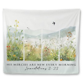 Mcehtle Floral Christian Tapestry, Bible Verse Religious Wall Tapestries, Scripture His Mercies Are New Every Morning Wall Hanging Decor for Bedroom Living Room Home, 50x60 Inch
