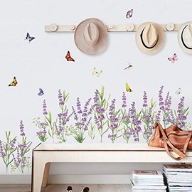 decalmile Lavender Flowers Wall Corner Decals Grass Baseboard Skirting Line Wall Stickers Living Room Bedroom Wall Art Decor(Finished Size W: 63 Inches)