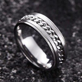 King Will Intertwine 8mm Spinner Ring Silver Edge Serrated Stainless Steel Fidget Ring Anxiety Ring for Men 9.5