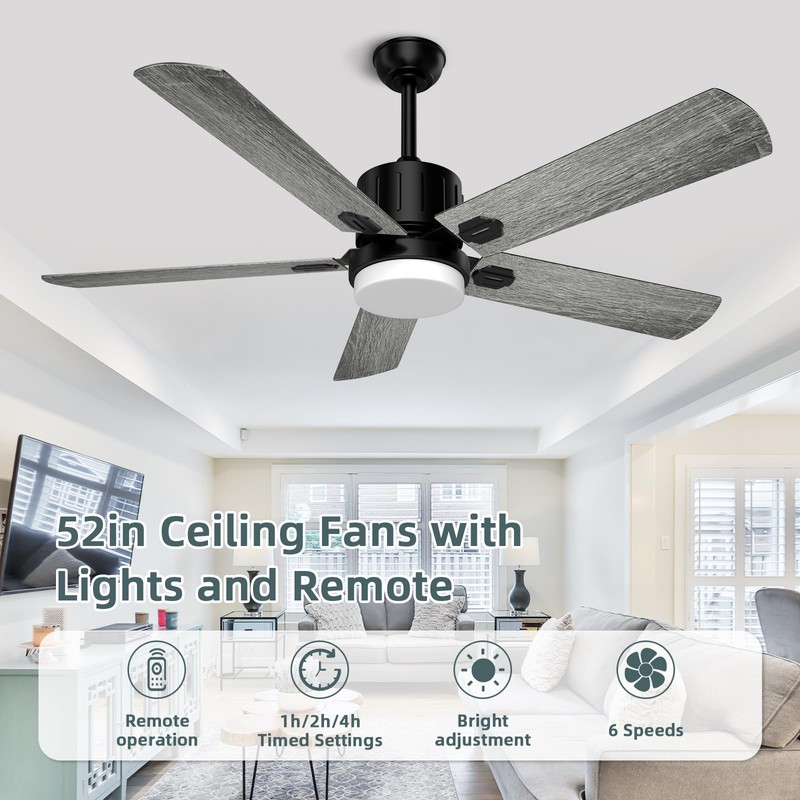 Jayjuly Ceiling Fans with Lights and Remote, 52 Inch Modern
