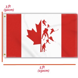 3×5 FT Canada Ice Hockey Flag,Large 100D Hockey Player & Canadian Maple Outdoor Banner,Novel Decor With Sport Pattern,Doube Side Printing For Patio Garden With Brass Gromment