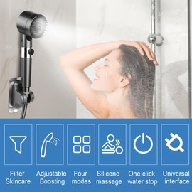Shower Head, Water-Saving Universal, Shower Head with 1.5 m Hose, Economy Shower Head with Hand Shower Holder, No Drilling, Shower Head with Filter, 5 Pieces