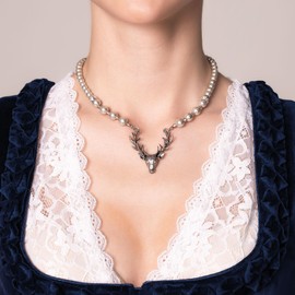 Alpenflüstern DHK203 Pearl Costume Necklace Deer Women's Costume Jewellery with Stag Antlers, Elegant Dirndl Necklace in Black and Cream White, Zinc