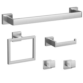 Bathroom Accessory Towel Bar Set: 5 Pieces Brushed Nickel Bathroom Hardware Square SUS304 Stainless Steel - Wall Mounted Towel Rack&Toilet Paper Holder&Towel Ring and Robe Hooks