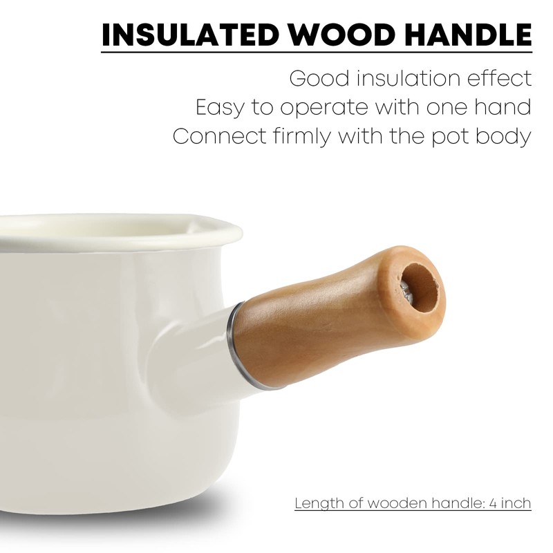 FARCADY 0.6qt Mini Enamel Milk Pot Insulated Wooden Handle 2
