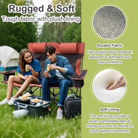 Double Camping Chair with Headrest and Footrest, 2 Person Folding Camping Loveseat Recliner, Portable Outdoor Loveseat Camping Chair with Cup Holder Armrest