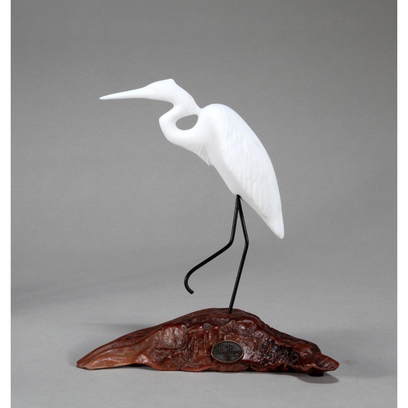Egret Sculpture from John Perry on Burl Wood Pellucida 8in