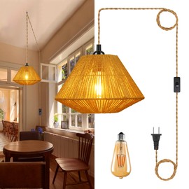 Yilliaw Plug in Pendant Lights with Switch & Hemp Rope, Diamond Shaped Industrial Hanging Light Kit with E26 Socket, Lamp Cord Fixture for Farmhouse Bedroom Living Room Decor-Big(1PC)