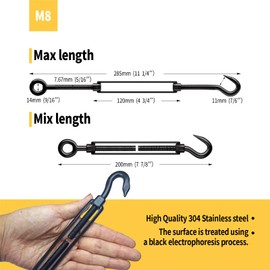 RiaYer 5 Pack Black Stainless Steel M8 Hook and Eye Turnbuckle, Heavy Duty Wire Rope Tensioner, Adjustable Hardware Kit for DIY String Light and Picture Hanging, Shade Sail, Cable Tightening