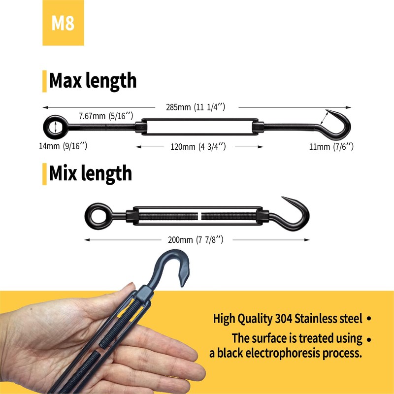 RiaYer 5 Pack Black Stainless Steel M8 Hook and Eye