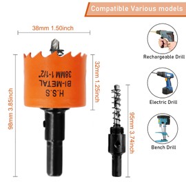 Hole Saw 38 mm, HSS Bi-Metal Hole Saws, Hole Drill Wood with Hex Shank and Drill, Universal Hole Cutter for Wood, Plywood, Plastic, Drywall, Thin