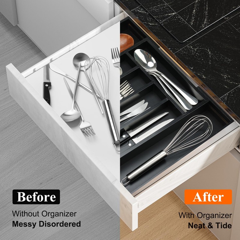 Bamboo Kitchen Drawer Organizer Tray Black Expandable Spoon Silverware Organizer