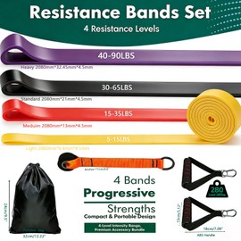 Long Resistance Bands Set, 4 Pcs Heavy Duty TPE Exercise Band (90lbs Max) for Pull Up Assist, Odourless Workout Bands with Upgraded Door Anchor+Pro Handle, Portable Home Gym Band for Strength Training