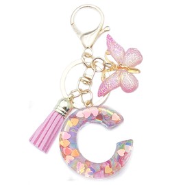 Xsclpomddy Girls Alphabet Letter Key Ring Cute Key Ring Glitter with Butterfly Tassels Resin Pink Keychain for Bag Charm, c
