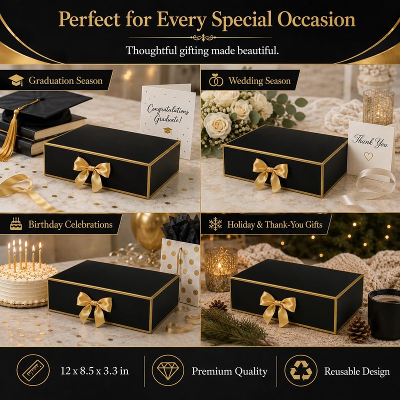 Joyvera 12 Pack Black Gift Boxes with Lids, 12 x